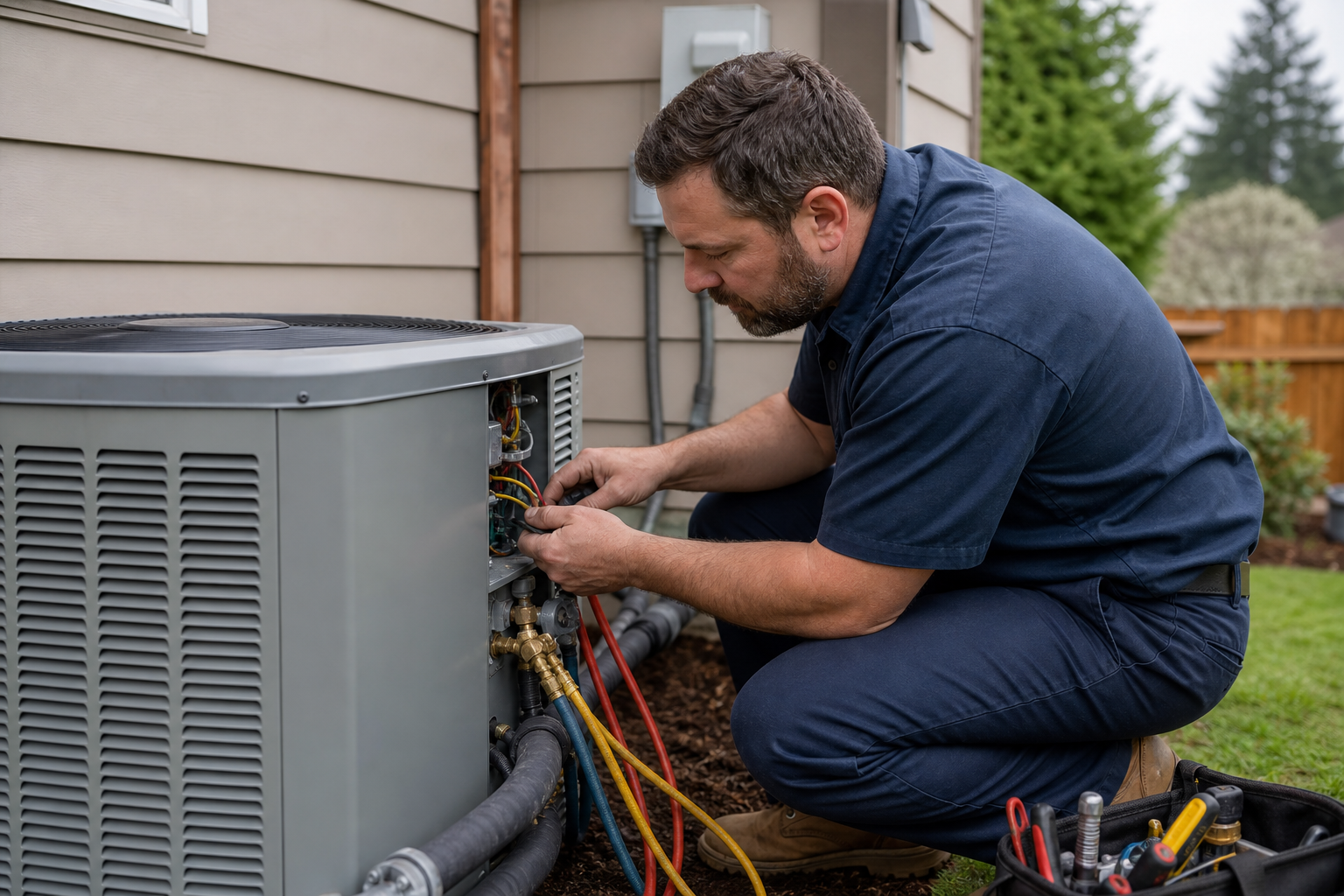 Technician servicing a residential air conditioner